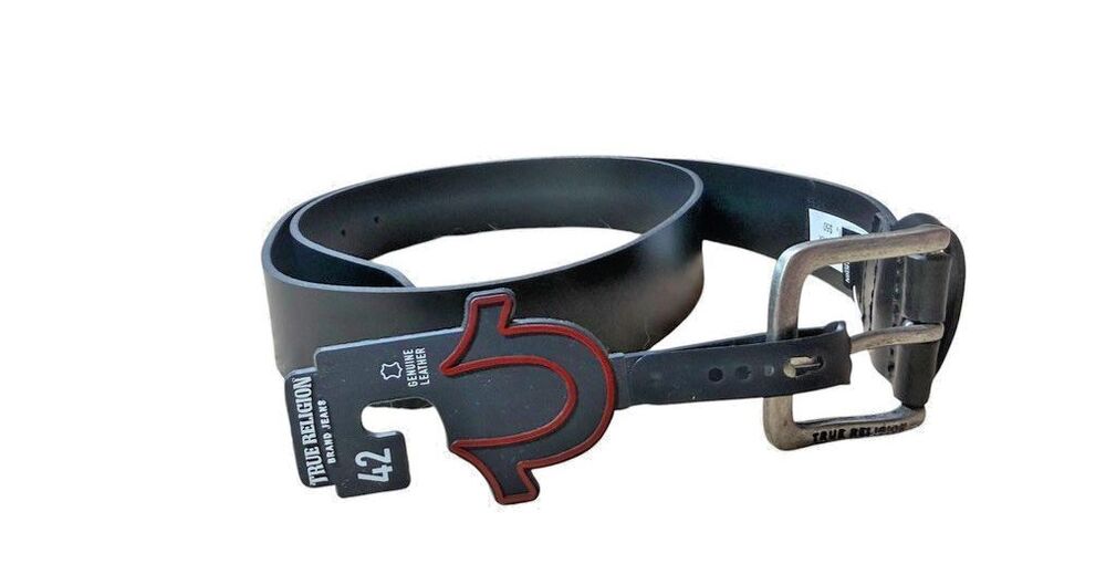 True Religion Earl Horseshoe Rivet Keeper Belt Black Mens Size 42 Leather NWT